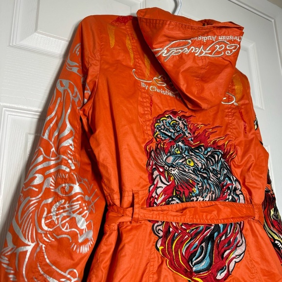 VTG Ed Hardy Trech Coats Embroidered Tiger Tattoo Y2K  Women Small Orange Gothic - Picture 11 of 14